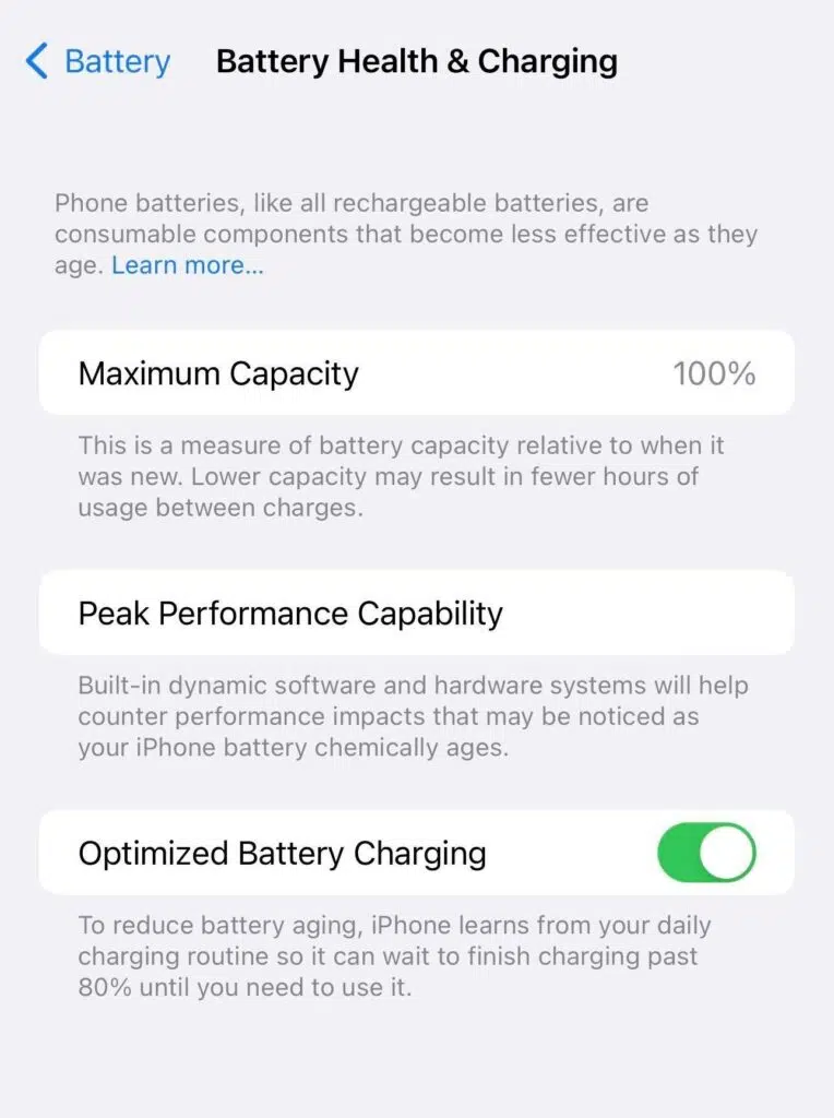 screenshot of the iPhone menu for "Battery Healthy & Charging"