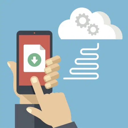 an illustration of a person holding a smart phone with a download icon on it and a cloud with cogs in the background