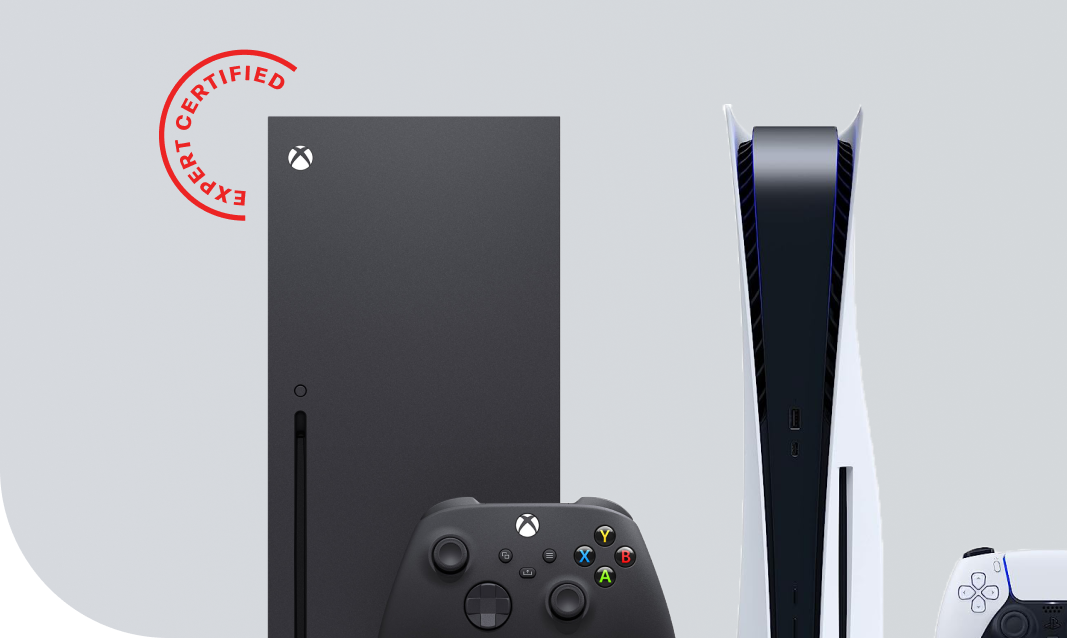 photo of gaming consoles with a badge that says expert certified