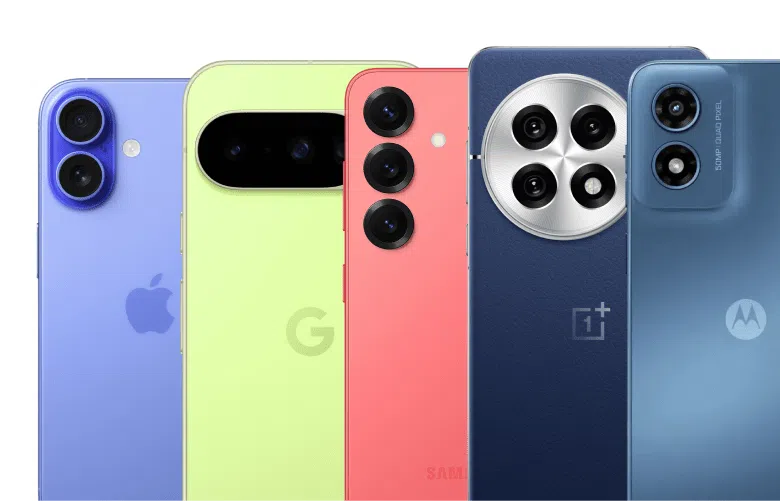 A flat lay of several different devices, including an iPhone, Google Pixel, Samsung Galaxy, OnePlus and Motorola