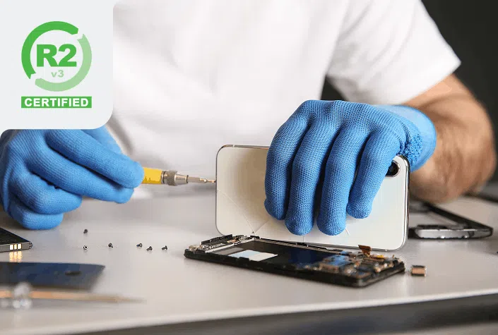 Phone technician fixing a phone with a R2v3 Certified logo on the top left
